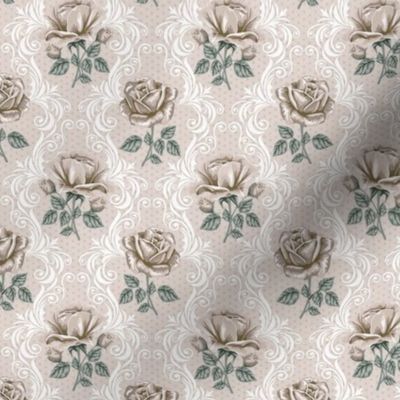 Tiny Faded Painted Victorian Rose Damask