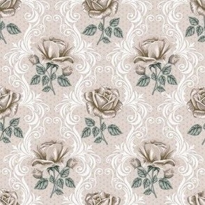 Tiny Faded Painted Victorian Rose Damask
