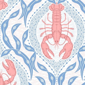 2 directional - Lobster and Seaweed Nautical Damask - white coral pink blue - large scale