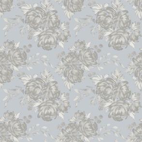Medium - Celeste Peony Blooms Silhouette - White Grey Light Blue - Damask Pattern - Watercolour Florals