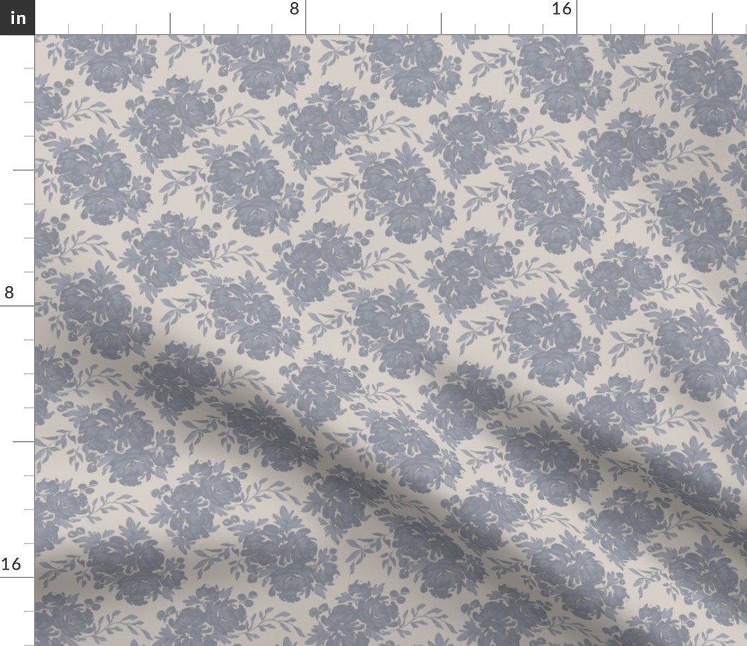 Small - Celeste Peony Blooms Silhouette - Navy Blue Light Beige - Damask Pattern - Watercolour Florals