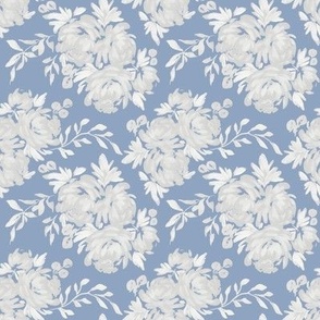 Small - Celeste Peony Blooms Silhouette - White grey Baby Blue - Damask Pattern - Watercolour Florals
