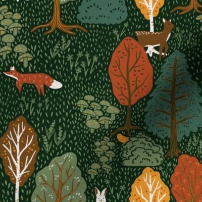 Early Autumn Forest with Woodland Animals in Dark Green