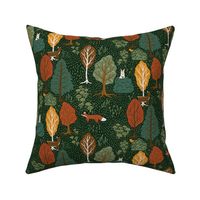 Early Autumn Forest with Woodland Animals in Dark Green