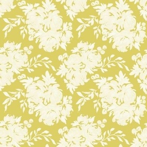 Small - Celeste Peony Blooms Silhouette - White Yellow Green - Damask Pattern - Watercolour Florals