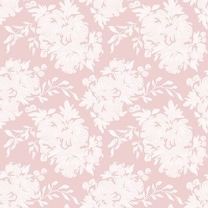 Small - Celeste Peony Blooms Silhouette - White Pastel Pink - Damask Pattern - Watercolour Florals