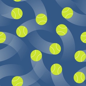 (L) Green tennis balls over blue background