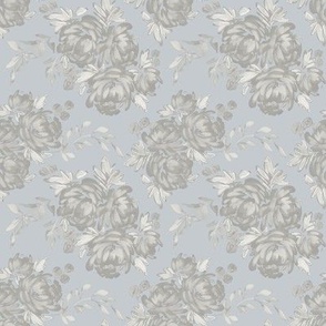 Small - Celeste Peony Blooms Silhouette - White Grey Light Blue - Damask Pattern - Watercolour Florals