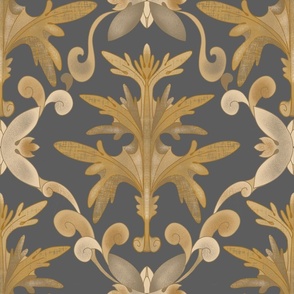 Seamless pattern with wormwood in baroque accanta style with vintage elements on a gray background