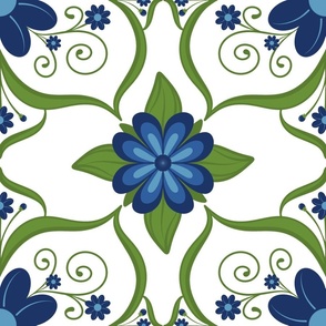 Blue Scandinavian Folk Art Flowers
