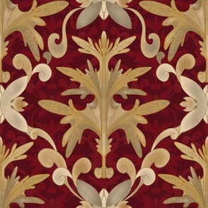Seamless pattern with wormwood in accanta style in baroque style with vintage elements on a red background