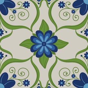 Blue Scandinavian Folk Art Flowers on Natural back