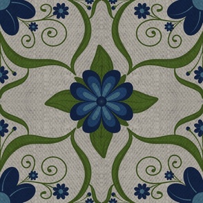 Blue Scandinavian Folk Art Flowers on faux-linen texture background 