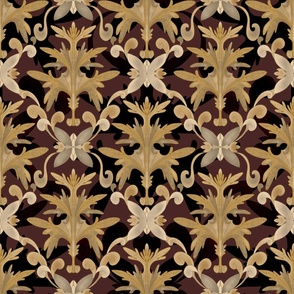  Seamless pattern with wormwood in baroque accanta style with vintage elements on a black background