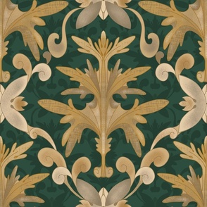 Seamless pattern with wormwood in accanta style in Baroque style with vintage elements on a green background