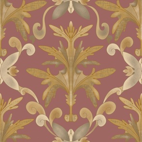  Seamless pattern with wormwood in accanta style in Baroque style with vintage elements on a purple background