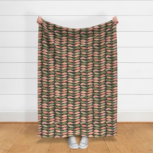 Large | Colorful orange peach, sage  green and pink leaves wallpaper design on dark olive green 