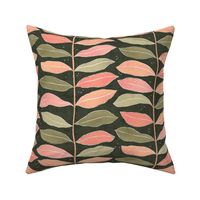 Large | Colorful orange peach, sage  green and pink leaves wallpaper design on dark olive green 