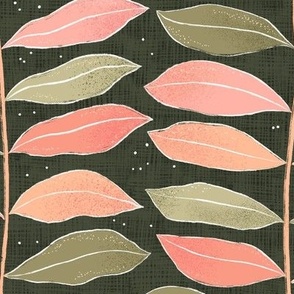 Large | Colorful orange peach, sage  green and pink leaves wallpaper design on dark olive green 