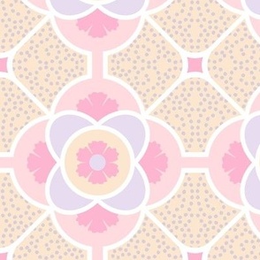 modern graphic 6 inch floral quatrefoil pastel pink peach lilac white girls room bedding kitchen wallpaper
