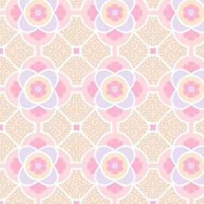 modern graphic 3 inch floral quatrefoil pastel pink peach lilac white girls room bedding kitchen wallpaper
