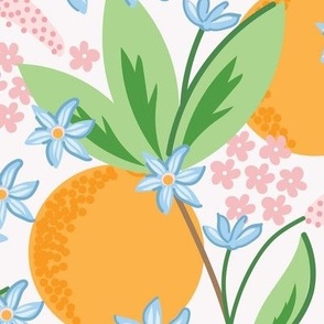 Large-Scale Clementine Oranges with blooms and citrus flowers with cream background

