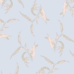 LARGE - Eucalyptus leaves in light olive green & pink, blue silver background 
diagonal pattern