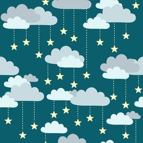 Cute Falling Stars & Clouds Pattern, Dark Turquoise