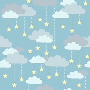 Cute Falling Stars & Clouds Pattern, Light Blue