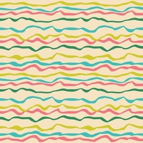  Wobbly Stripes in Coral Pink - Deep Green - Teal - Citrine - Beige 