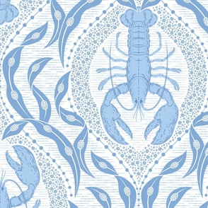 2 directional - Lobster and Seaweed Nautical Damask - white blue - large scale