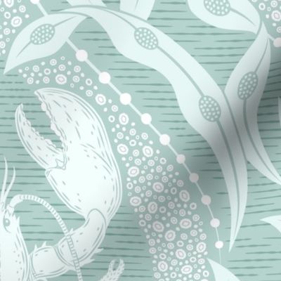 2 directional - Lobster and Seaweed Nautical Damask - seafoam green blue - large scale