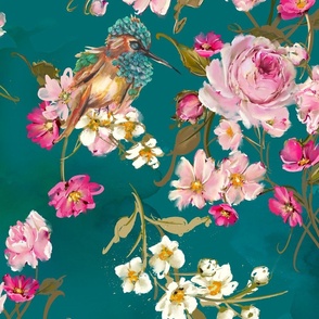 The Majestic Hummingbird Floral Paradise - Splendor Teal