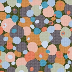 410 - Small scale irregular organic bubble shapes in  turquoise orange, peach, grey and green with a textured overlay - for home decor, pillows, sheets, wallpaper, bed linen and table linen