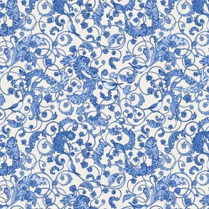 Blue and off-white cottage core whimsical sparrow leaves floral 12" FABRIC + WALLPAPER