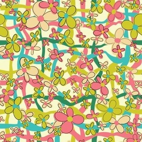 Colorful Daisy _ Crisscross Stripes Pattern - Peach -Teal -Deep Green- Coral Pink