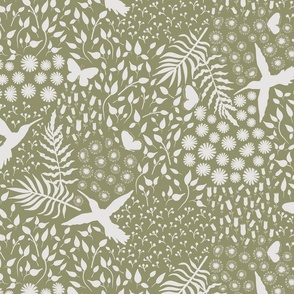 Olive Green Enchanted Forest Minimal Hummingbird Butterfly Florals