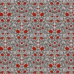 Modern Victorian Floral Damask in Red and Gray, Arts and Crafts Botanical, William Morris