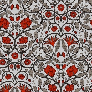 Modern Victorian Floral Damask in Red and Gray
