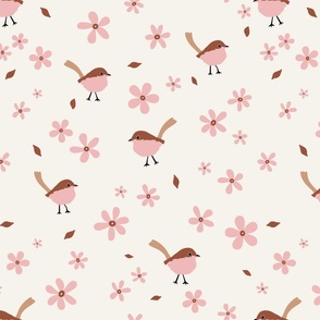 Retro Pink Cute Floral Daisies & Birds