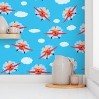 Cute birds flying in a red plane kids pattern