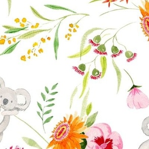 Large Hand Painted Watercolor Whimsical Cuddly Miniature Koalas with Australian Flowers and Plants with White Background