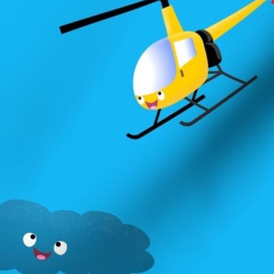 Cute happy planes, clouds and helicopters