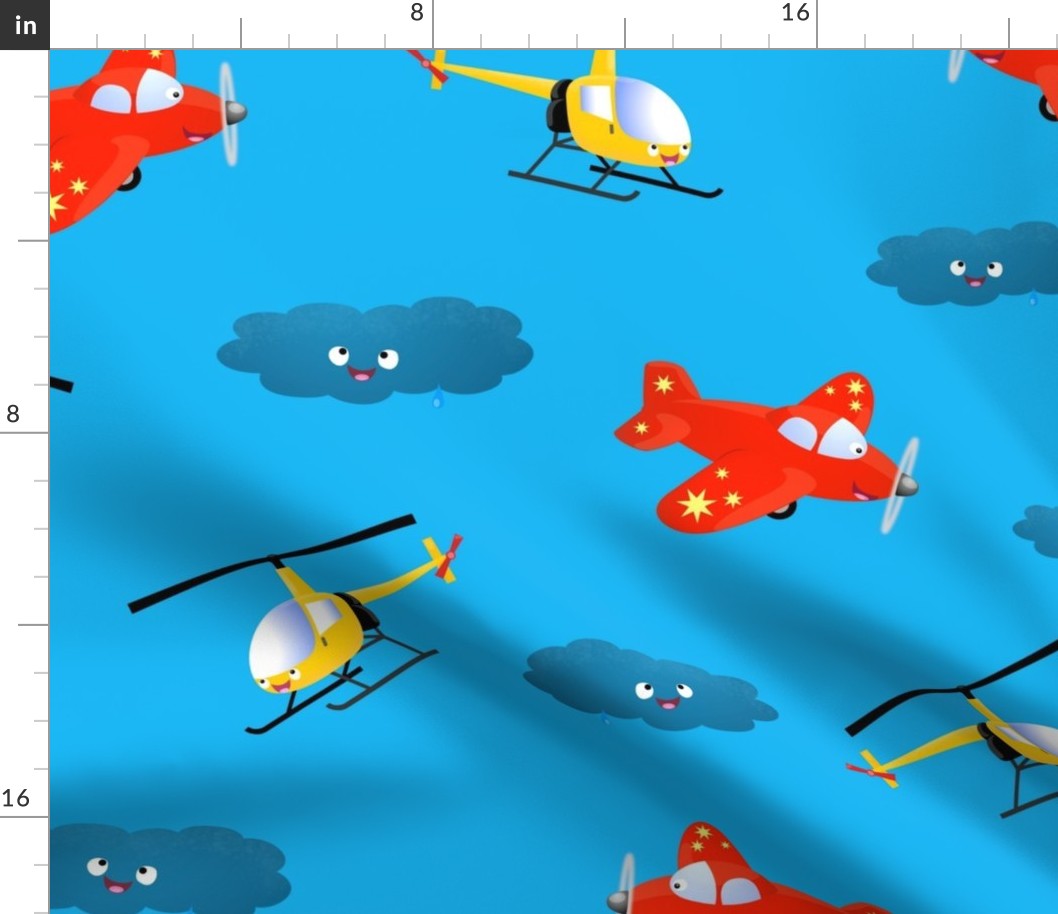 Cute happy planes, clouds and helicopters