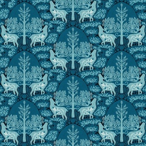 (small) scandinavian forest deer damask wallpaper cyan