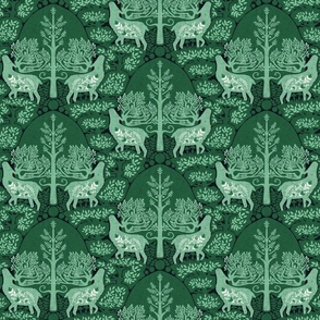 (small) scandinavian forest deer damask wallpaper green