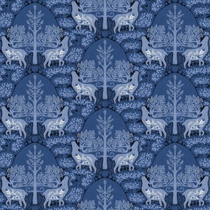 (small) scandinavian forest deer damask wallpaper blue