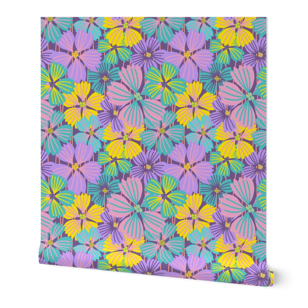 MEDIUM: Tropical flowering overlapping simple purple, yellow and green-blue florals