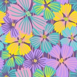 MEDIUM: Tropical flowering overlapping simple purple, yellow and green-blue florals