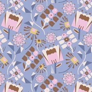 SMALL: Modern Geometric Florals: Brown and Pink on Blue